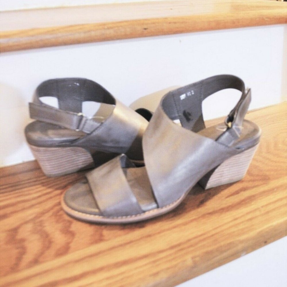 $179 ANTELOPE Spiral Cut MAUVE Gray Leather Wood Block Arc Heel Sandals